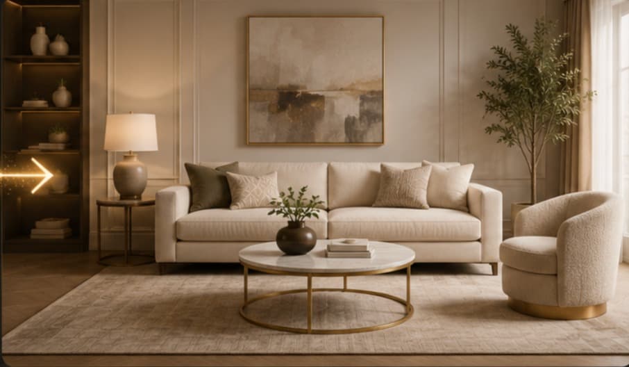 AI-staged living room composed from your inventory
