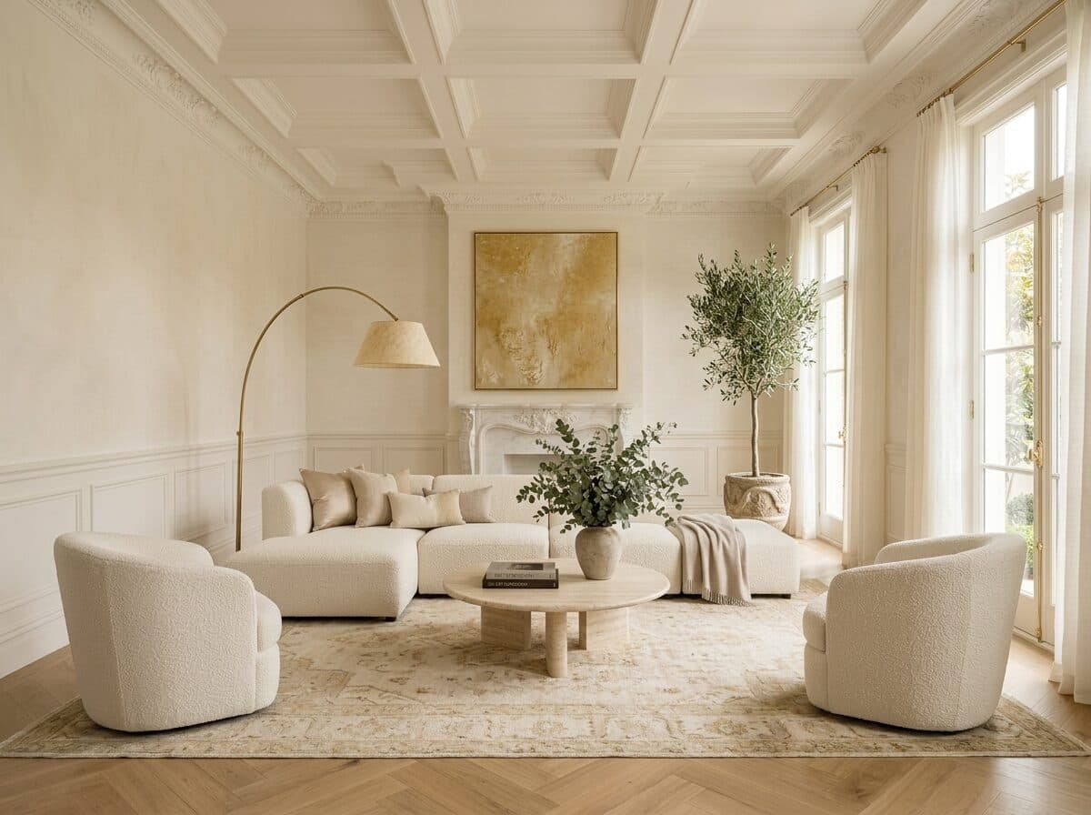 Cinematic luxury staged living room — cream linen sofa with bouclé accent pillows, dark fluted coffee table, brass arc floor lamp, framed atmospheric landscape art, warm afternoon light