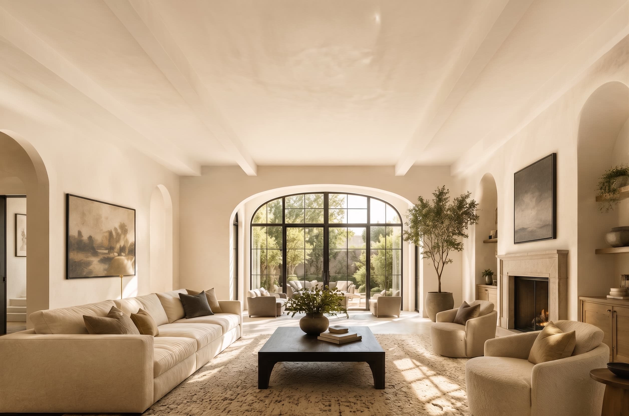 AI-generated living room — warm neutral palette with bouclé seating, oak side tables, and soft daylight, rendered from selected inventory and the Modern Luxe style preset