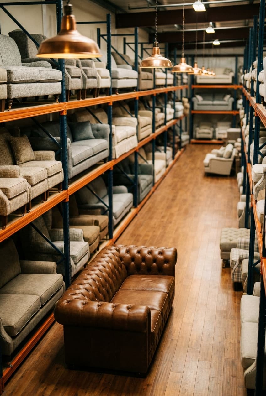 Curated staging warehouse — cream sofas and lounge chairs stocked on industrial racks, ready for the next listing